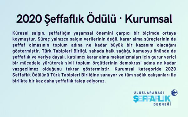 TTB, Şeffaflık Ödülü’nün sahibi oldu